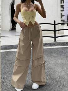 Muchica Women's Solid Color Drawstring Waist Pleated Palazzo Pants, Casual - Camel - View 1