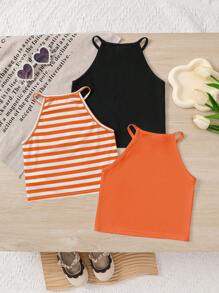 3 Pcs Young Girl Solid Color Knit Sleeveless Top And Striped Knit Sleeveless Top Set - Orange - View 2
