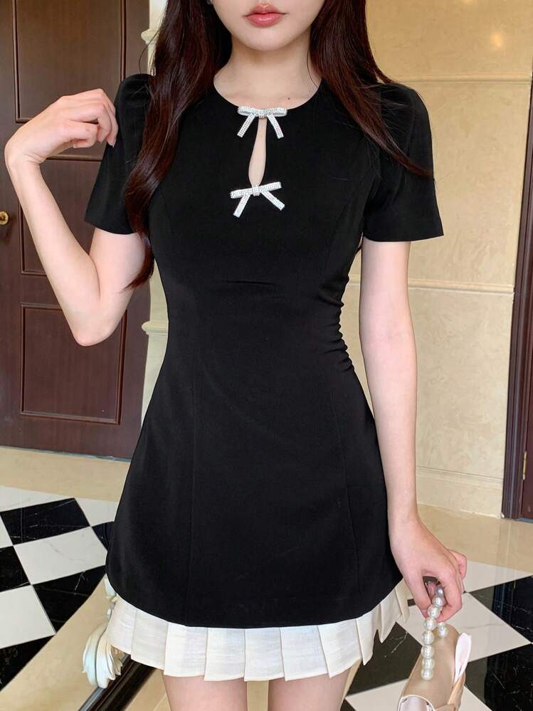 DAZY Women's Round Neck Bowknot Elegant Korean Style Party Mini Dress Summer Sundress,Fall Clothes - Black - View 4