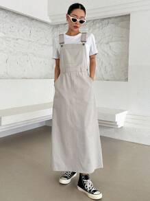 DAZY Solid Slant Pocket Pinafore Dress Without Tee - Light Grey - View 3