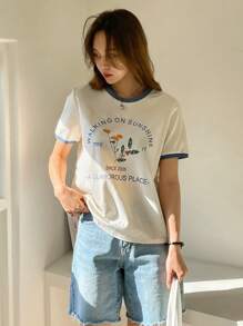 DAZY Letter & Plants Print Contrast Trim Tee Summer,Teacher Outfits - Beige - View 5