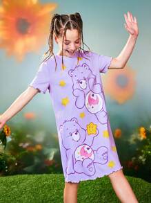 SHEIN X Care Bears 青少年女孩卡通爱心和熊星印花紫色休闲舒适甜美短袖连衣裙家居服 - 紫色 - 查看 3