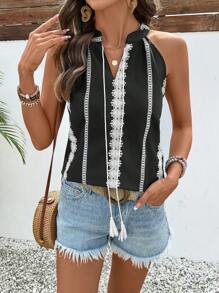 SHEIN LUNE Women's Lace Trim V-Neck Halter Shirt
