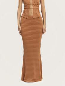 SHEIN Unity Long Mermaid Skirt Textured Low Waist Solid Color. Spring Summer - Brown - View 1
