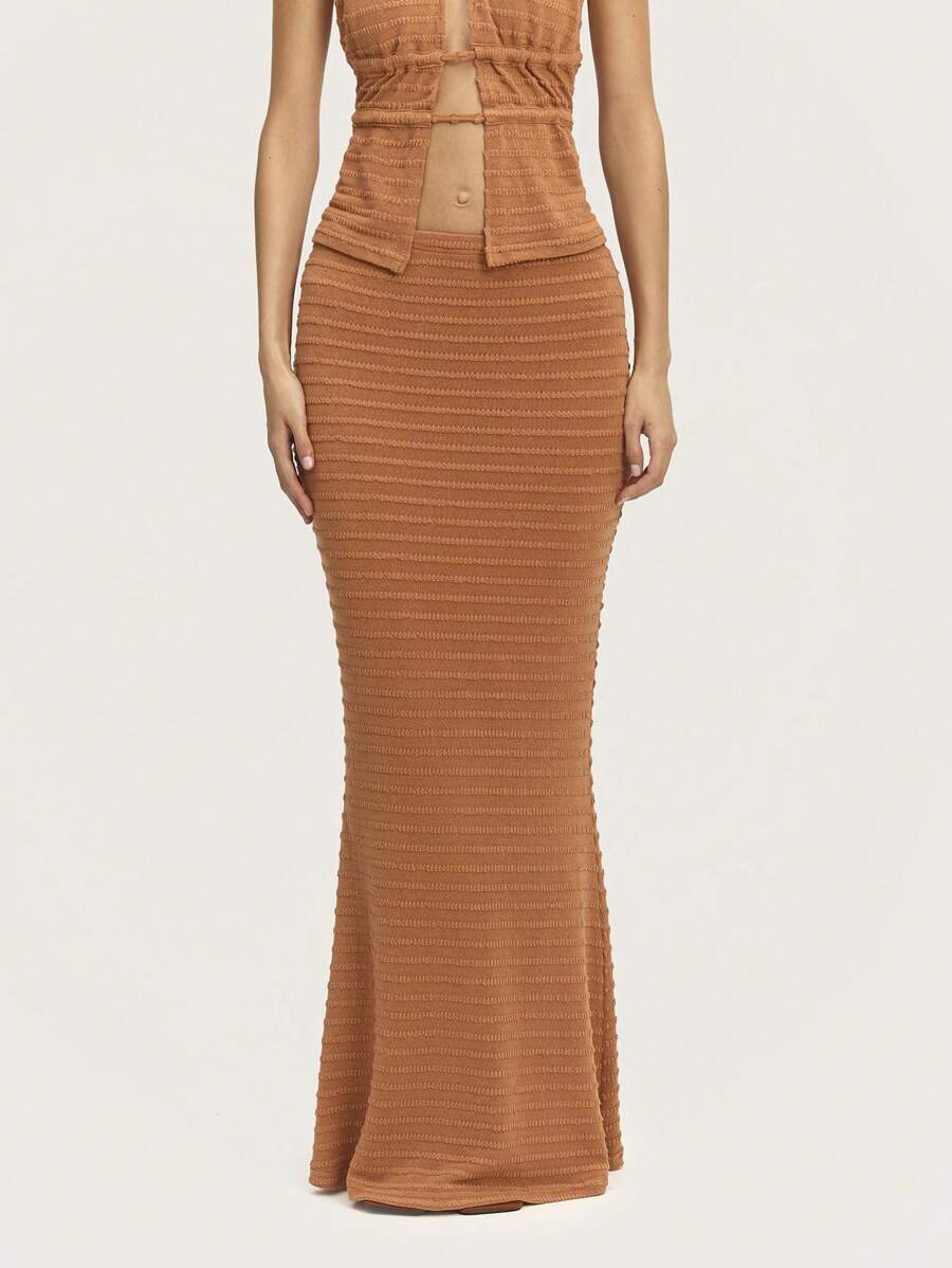SHEIN Unity Long Mermaid Skirt Textured Low Waist Solid Color. Spring Summer - Brown - View 1