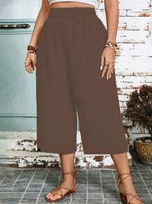 Linhara Plus Size Solid Color Loose Wide Leg Pants, Casual Resort Wear - Brown - View 4