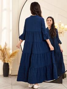 SHEIN Tween Girl Loose V-Neck Layered Textured Fabric 3/4 Sleeve A-Line Dress - Navy Blue - View 2