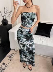 EastFlair 2pcs/Set Women Floral Print Sleeveless Top And Slim Fit Mini Skirt Set, Vacation  Women Casual Dress Women Short Dresses Summer Women Birthday Outfit Women S Clothes Women Dresses Elegant Gown