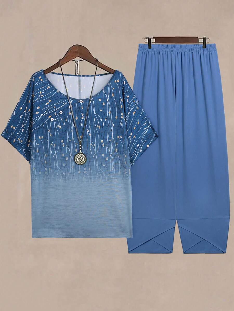 Linhara 2 件套：渐变色随机印花蝙蝠袖上衣和加大码裤子