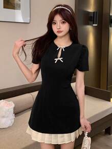 DAZY 女士圆领蝴蝶结优雅韩版风格派对迷你连衣裙夏季太阳裙、秋季服装