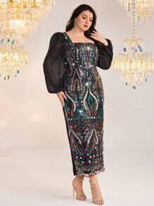 Modelyn Váy tay đèn lồng thêu sequin thanh lịch cỡ lớn - Nhiều màu - Xem 6