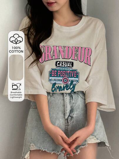 DAZY Women's Summer Loose Fit Casual T-Shirt With Round Neck, Drop Shoulder Sleeves And Slogan Print Cute Tops Oversized T-Shirt