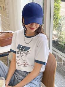 DAZY Letter & Palm Tree Print Contrast Binding Tee,Graphic Tees