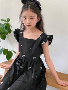 DAZY Tween Girl Fall Clothes Square Collar Cap Sleeve Allover Print Embroidered Woven Summer Dress,Back To School Clothes