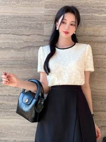 DAZY 拼色宽松短袖圆领系带女式衬衫，夏季短袖上衣，短款上衣，女式学院风上衣 - 白色 - 查看 4