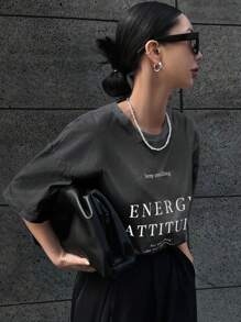 DAZY 标语图案落肩 T 恤保持微笑能量态度看到美好时光幸福超大 T 恤 - 深灰色 - 查看 3