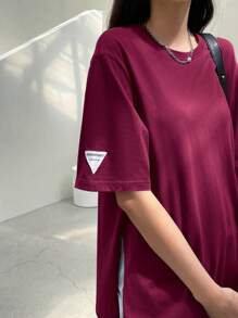 Dazy-Less 女士夏季宽松休闲T恤圆领落肩字母印花老款超大码T恤商务休闲女工作服 - 玫瑰紅 - 查看 3