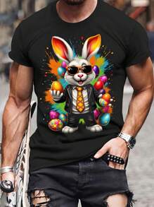 Manfinity VCAY Men's Knitted Fashionable Casual Easter Rabbit & Egg Print Loose Fit Short Sleeve T-Shirt - Black - View 2