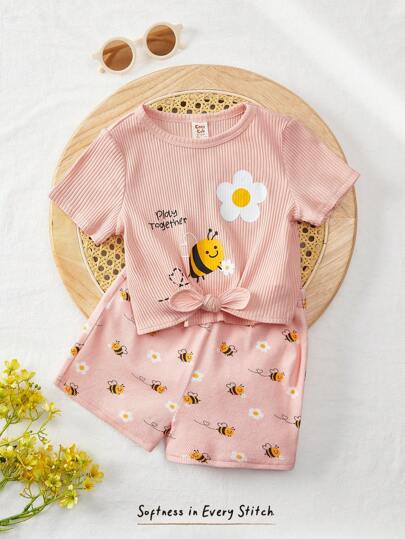 Cozy Pixies 2pcs Baby Girl Embroidered Flower & Bee Pattern Knit Soft Round Neck Short Sleeve Top With Elastic Waist Shorts Set