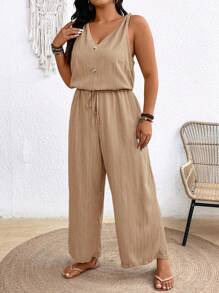 SHEIN Frenchy 大码 Earthy Clothes 纹理绉纱吊带连体裤，带蝴蝶结腰部和 V 领 - 卡其色 - 查看 5