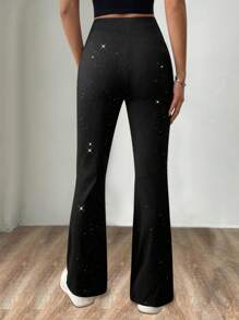 SHEIN LUNE Pantalon évasé avec ceinture à paillettes pour femme - Noir - Voir 2