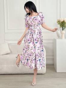 DAZY 女士碎花褶皱系带中长连衣裙，适合度假/休闲穿着、返校季服装、教师装、复活节波西米亚风。 - 淡紫色 - 查看 5