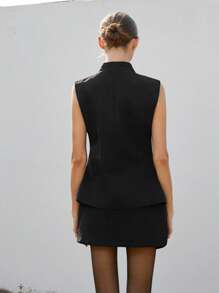 SHEIN Privé Conjunto de falda y blusa de estilo ceñido con cuello en V sin mangas, cintura entallada y diseño de abertura, estilo de uso diario para mujeres - Negro - Ver 2