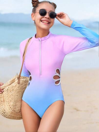 1pc Gradient Color Hollow Out Teenage Girls/Juniors One-Piece Swimsuit