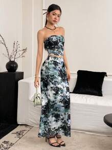 EastFlair 2pcs/Set Women Floral Print Sleeveless Top And Slim Fit Mini Skirt Set, Vacation  Women Casual Dress Women Short Dresses Summer Women Birthday Outfit Women S Clothes Women Dresses Elegant Gown