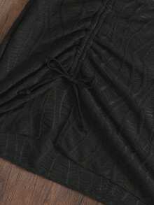 Swim Vcay Summer Beach Drawstring Front Cover Up Skirt - Black - View 3