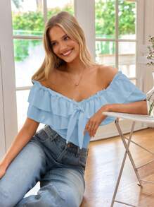 SHEIN VCAY Áo cánh trễ vai màu trơn đơn giản ngày nghỉ - Màu xanh nhạt - Xem 6