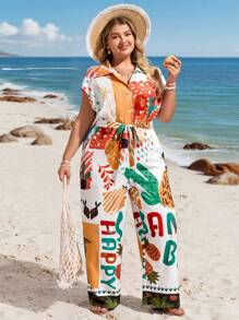 SHEIN VCAY Große Größen Sommer Urlaub Strand Musik Festival Bunter abstrakter Muster Langarm Hemd & Hose Jumpsuit, mit Taschen, Outfits für South Beach, Saint-Tropez, Amalfi Küste, Sommer Outfits für Frauen, Europäischer Sommer Western Wear, Süße Sommer Outfits, Strand Outfits, Boho Frauenkleidung, Urlaubs Outfits, Frauen Resort Wear, Hippie Kleidung für Frauen, Ostern Outfit Frauen, Rave Outfits, Country Konzert Outfit, Nashville Outfits, Ibiza Outfits, Old Money