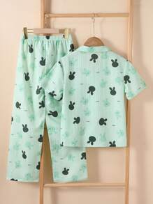 2pcs Girls Pink Rabbit Graphic Print Top & Pants Casual Homewear Set - Green - View 2