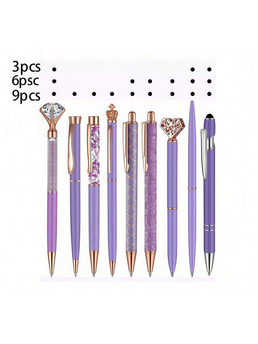 3/6/9 Ballpoint Pens, Metal Crystal Pens, Rhinestones, Liquid Glitter Pens, Black Ink Writing, Cute Pens, Office Supplies Back To School - Purple - View 1