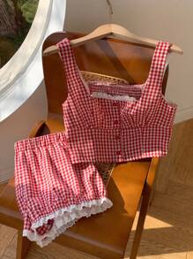 Comfortcana 2pcs Women Summer Beach Western Plaid Patchwork Embroidered Cropped Tank Top And Shorts Set