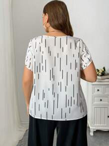SHEIN Privé Plus Size Women Elegant Office Commuter Intellectual Round Neck Ruffle Sleeve Short Sleeve Summer Blouse Geometric Striped Black & White Contrast Artistic Printed Women Top, Loose Short Sleeve - Black and White - View 3
