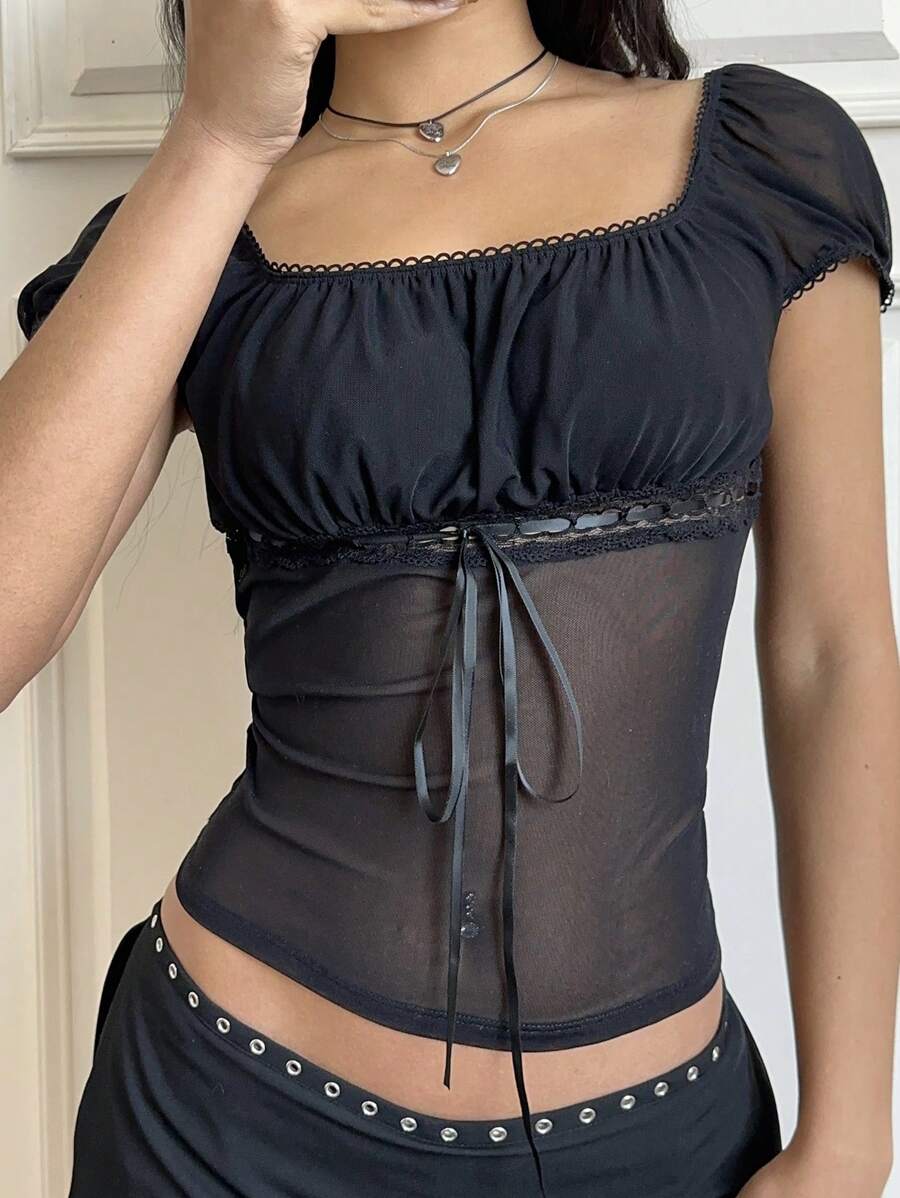 SHEIN EZwear 女士黑色网眼拼布系带短袖修身 T 恤 - 黑色 - 查看 1