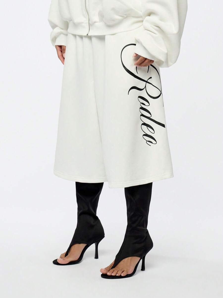 SUMWON WOMEN 超大高腰阔腿百慕大短裤休闲舒适家居服抽绳图案慢跑裤裙四季百搭裤装 - 白色 - 查看 1