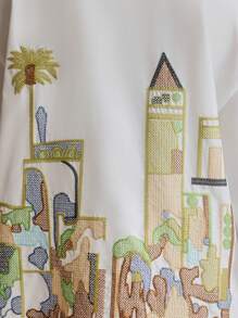 Anewsta 女士休闲宽松白色城堡刺绣超大长袖翻领衬衫上衣，春夏款 - 白色 - 查看 8