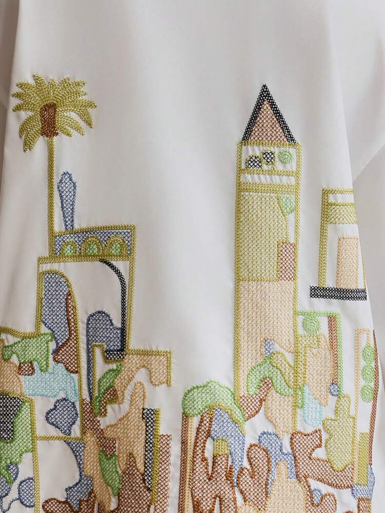 女性用カジュアルルーズホワイトキャッスル刺繍オーバーサイズ長袖カラーブラウストップ、春夏