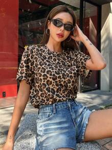 DAZY Camiseta casual de mujer con cuello redondo y estampado de guepardo y leopardo - Marrón - Ver 8