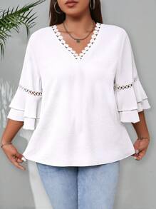 EMERY ROSE Plus Size Women's Solid Color V-Neck Long Sleeve Blouse, Minimalist & Stylish - White - View 3