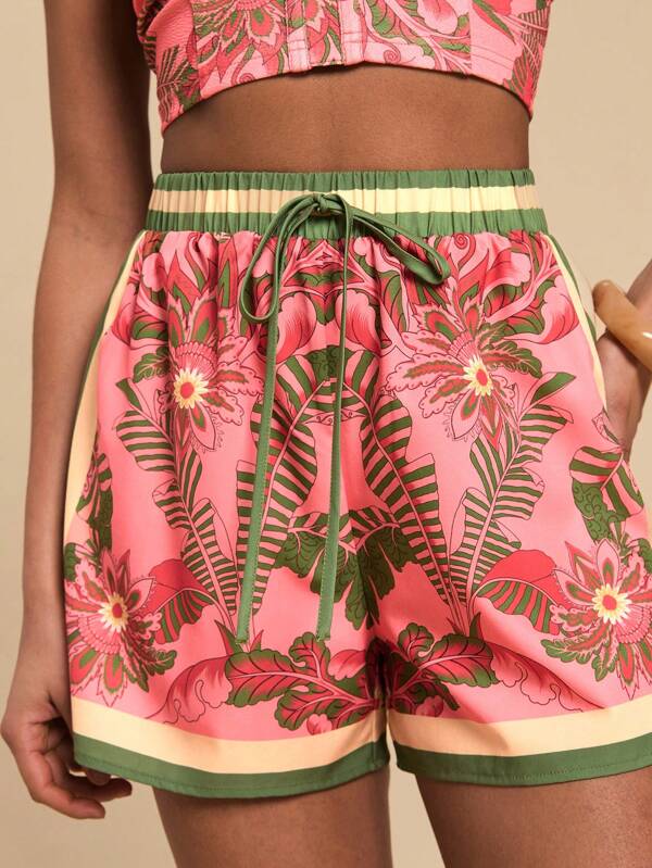 Travachic Women's Tropical Plant Print Tie Waist Shorts, Vacation
