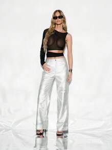 KIZN Metallic Moto PU Leather Wide Leg Pants Holographic High Rise Statement Trousers Winter Party Club Disco Y2K Festival Fashion - Silver - View 5