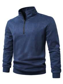 Manfinity Homme Plus Size Men Solid Color Half Zipper Long Sleeve Pullover Sweatshirt, Fall - Navy Blue - View 3