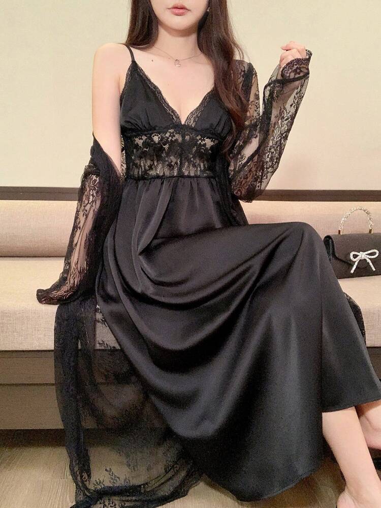 Women's Lace & Mesh Splicing Satin 2 Pieces Set, Casual