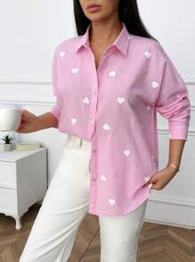 EURMUSE 100% Cotton HEART PATTERN LONG SLEEVE SHIRT - Pink - View 3