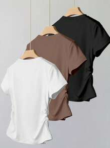 Teen Girl Casual Versatile Solid Color 3pcs Set Cinched Waist Short Sleeve T-Shirt Top - Multicolor - View 2