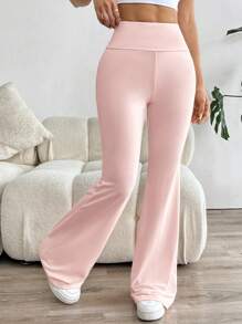 Muchica Women's Solid Flare Pants Fold Over Leggings Stretch Bootcut Flared Yoga Pants Y2k Joggers - Pink - View 6