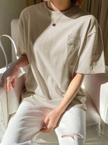 Off-The-Shoulder T-Shirt With Embroidered Lettering, Preppy Summer Style - Khaki - View 5